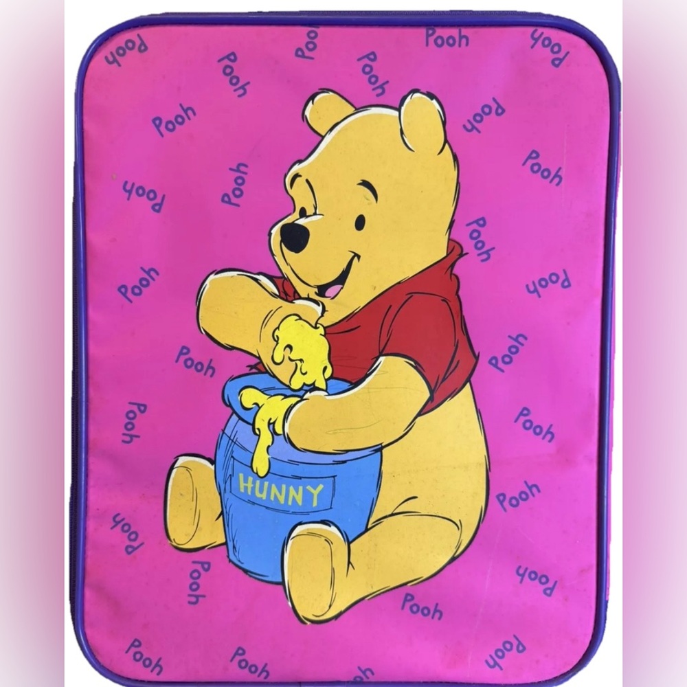VTG Y2K FLAWED WINNIE THE POOH SUITCASE DISNEY PINK PURPLE 15”x12”x7 BAG LUGGAGE